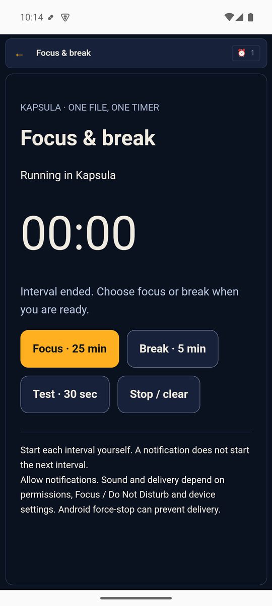 Timer after the deadline: 00:00, interval ended, buttons waiting for a choice