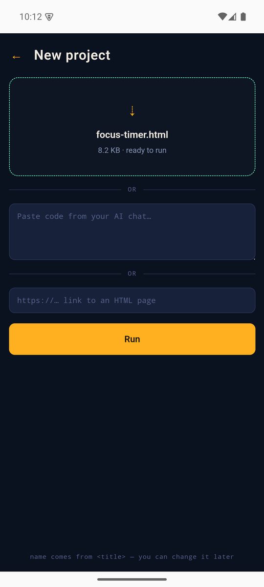 Kapsula “New project” screen on Android with focus-timer.html selected, 8.2 KB, ready to run