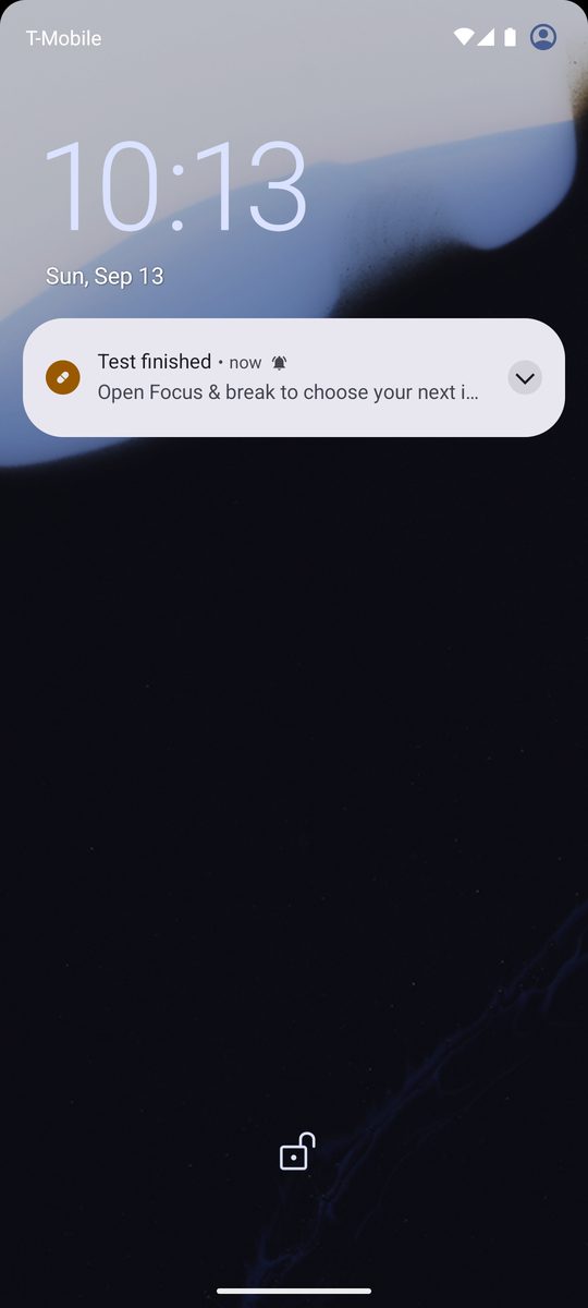 Android lock screen with the “Test finished” notification from Kapsula