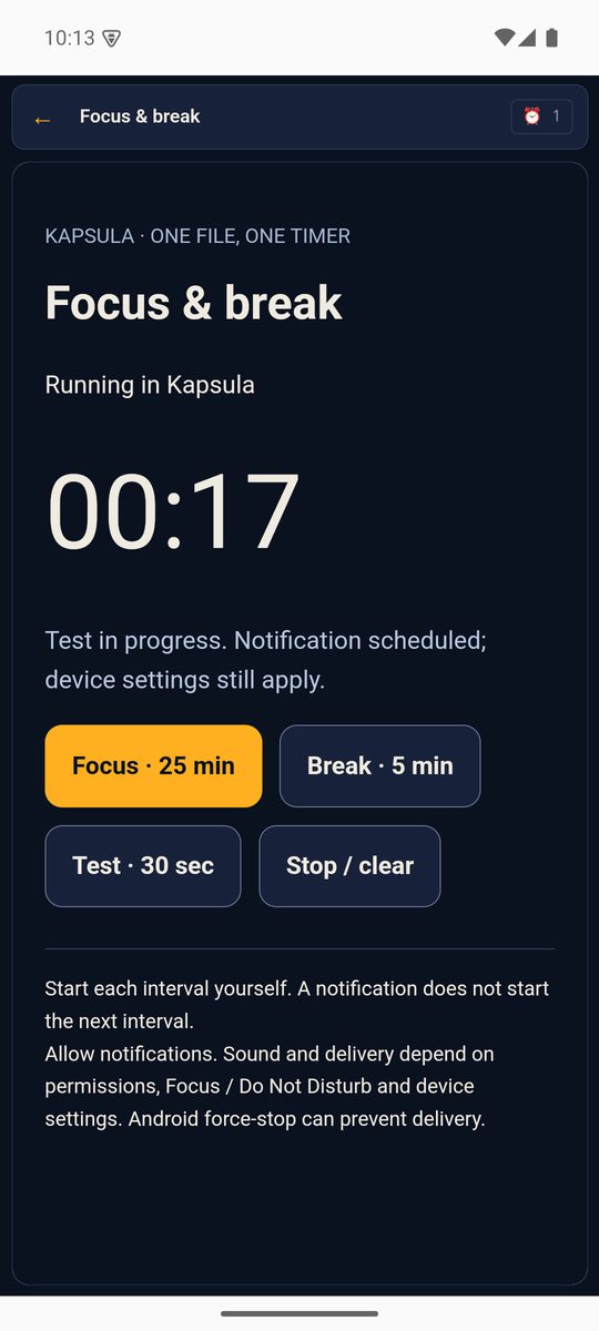 Focus & break timer inside Kapsula on Android: 00:17, test in progress, notification scheduled
