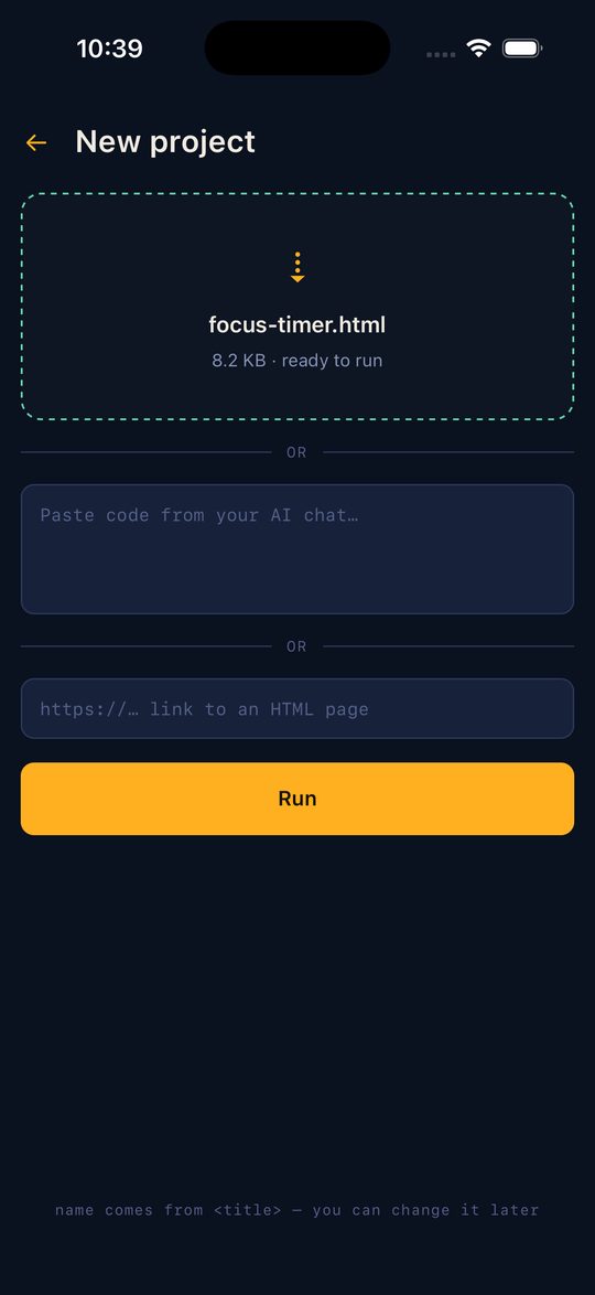 Kapsula “New project” screen on iPhone with focus-timer.html selected