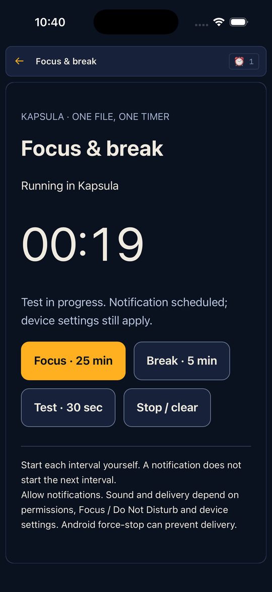 Timer inside Kapsula on iPhone: 00:19, test in progress