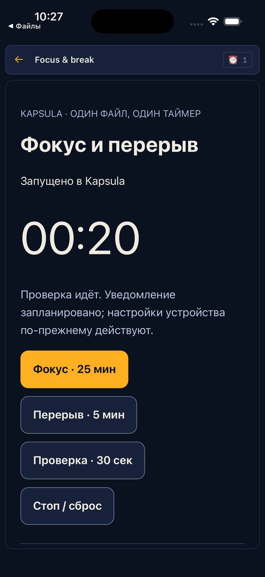 Таймер внутри Kapsula на iPhone: отсчёт идёт